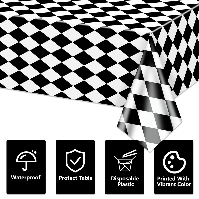 4 Pack Black and White Checkered Tablecloths, Plastic Gingham Table
