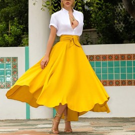 Womens High Waisted Tummy Control Elegant Flowy Long Skirt Solid Color A-line Swing Maxi Skirt(UK 16/Tag 2XL) Yellow