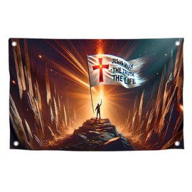 3x5 Ft Christian Jesus Polyester Flag Jesus Way - The Truth The Life with 4 Brass Grommets - Christian Jesus American Flags for Outside Without a Flagpole - Christ Cross Banner Bedroom Wall Decoration