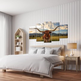 KREATIVE ARTS Large 5 Panel Texas Animal Picture for Living Room Longhorn Steer in Rural Utah Painting Cow with Big Horns Wall Art Farm Animals Prints on Canvas Modern Home Decor 60x32inch