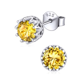 ChicSilver 6mm Solitaire Round Brilliant Created Birthstone Stud Earrings for Women 925 Sterling Silver Yellow Topaz Citrine Gemstones Crown Stud Earrings Hypoallergenic Jewelry - November
