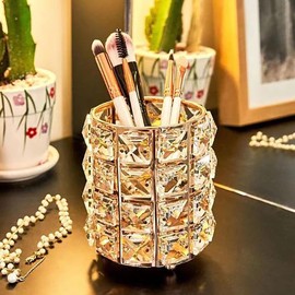 umely Crystal Accessory Case, Makeup Brush Case, Storage, Interior, Stylish, Gold, Cylindrical, Lip Stand, Transparent (Gold 3)