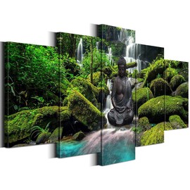 Biufo Zen Canvas Wall Art Prints Buddha under Waterfall Picture Landscape Decor for SPA Yoga Meditation Home (Green, Small)