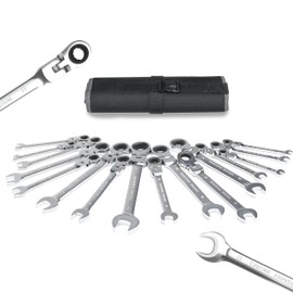 AIRAJ PRO 16PCS Flex-Head Ratcheting Wrench Set,Open End Wrench Tools Set 72-Teeth,6-22mm,Cr-V Constructed,Mirror Polished Chrome Plated with Roll Up Pouch