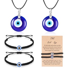 Yaomiao Evil Eye Bracelets with Necklace Set, 2 Pieces 7 Knot Red Rope Bracelet Amulet Lucky Bracelets with Card, 2 Pieces Evil Eye Pendant Necklaces Turkish Blue Necklace for Women Men
