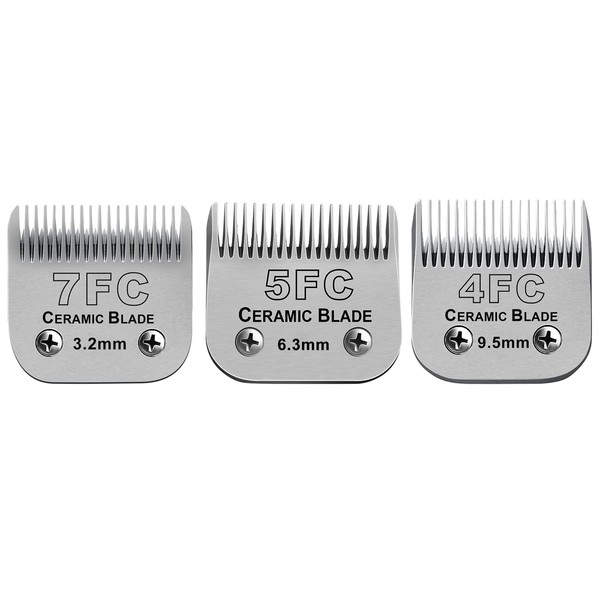 Size 7FC/5FC/4FC Detachable Pet Dog Grooming Clipper Ceramic Blades Set,Compatible with Andis,Oster A5,Wahl KM Series Clippers,Cut Length 1/8"(3.2mm) to 3/8”(9.5mm),3 Pack