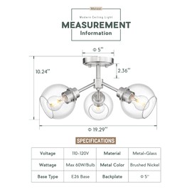 METWET 3-Light Semi Flush Mount Ceiling Light, Modern Light Fixtures Ceiling Mount with Globe Clear Glass Shade, Brushed Nickel Light Fixtures for Kitchen Entryway Hallway Bedroom, SM195-BN-3