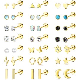 ADRAMATA 21 Paar Ohrstecker Chirurgenstahl Ohrringe 𝐒𝐜𝐡𝐰𝐚𝐫𝐳 für Damen Herren Winzige Knorpelohrringe Ohrstecker für Knorpel Tragus Daith Helix Ohrpiercing Flache Rückseite Ohrringe