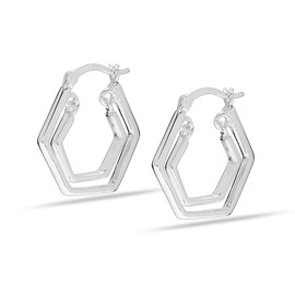 LeCalla 925 Sterling Silver Hoop Earrings for Women Teen | Double Hexagon Click-Top Hoop Earring 23MM