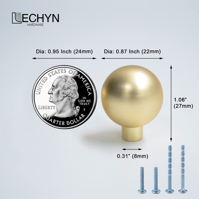 LECHYN 10 Pack 22mm Solid Brushed Gold Kitchen Cabinet Hardware