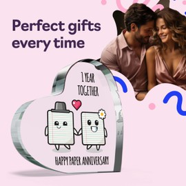 1st Anniversary Plaque Gifts for Wife Husband - Happy Paper Anniversary - I Love You Romantic Acrylic Heart Gift For Women Men, 100mm x 100mm Present For Couples First Wedding Anniversaries