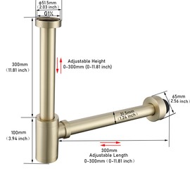 RANDOM Brass Round Bottle P-Trap 1 1/4,Raise and Lengthen Adjustable Basin Sink Waste Drain Trap Kit,Brushed Gold.RD-83888BG-L