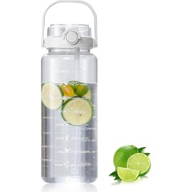 AdooAdii Botella de Agua 2L Antigolpes Botella de Agua Reutilizable Sin BPA con Pajilla Removible Botella Deportiva Escala de Hidratación Termo de Agua Antifugas para Gym Ciclismo Viaje Blanco