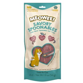 MEOWEE! Savory Spoonables with Real Salmon, Tuna & Krill, 4 Count Tube, Triple Flavor Squeezable Lickable Wet Treats for Cats with Built-in Spoon for Less Mess