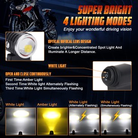 OPPBUY 2PCS Motorcycle Fog Light,Amber White Super Bright LED Driving Light with Strobe Light,4 Modes 70W LED Spotlight with Switch Compatible with 12V Motorcycle Truck Car-2 Year Warranty
