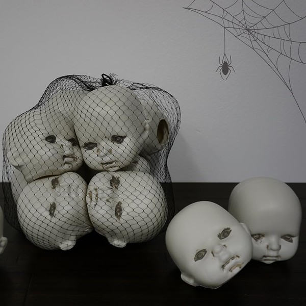 4E's Novelty Halloween Decorations Creepy Bag of Doll Heads 12 Pcs with Mesh Bag, Hanging Creepy Plastic Baby Doll Heads Figurines Haunted House Scary Halloween Home Decor