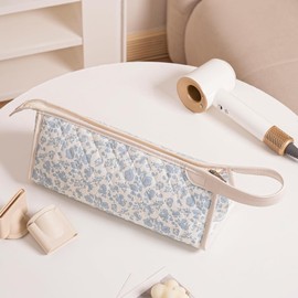 Large Quilted Hair Tools Travel Bag,Aesthetic Hair Styling Accessories Storage Case for Flat Irons,Straightener,Curling Iron,Hair Dryer,Dyson Airwrap Travle Bag（04Blue Flower）