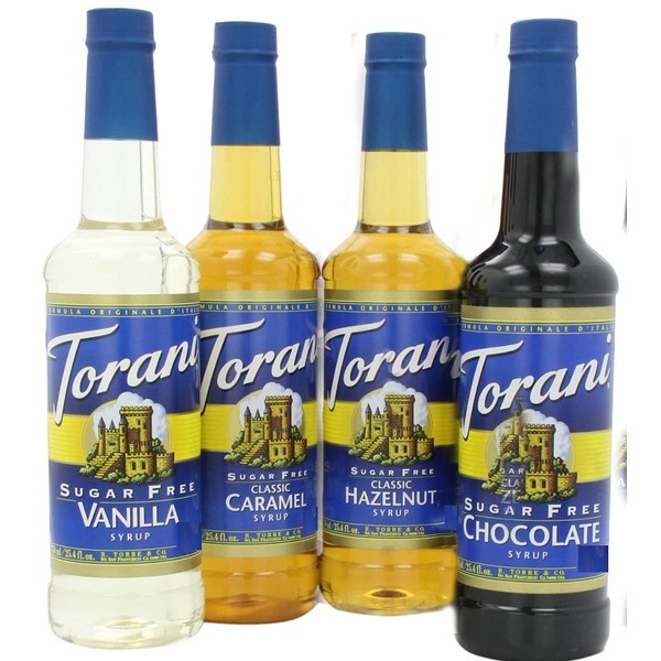Torani Sugar Free Syrup Variety Pack for coffee, one each of Sugar free: Vanilla, Caramel, Hazelnut and Chocolate, 25.4 Fl Oz (Pack of 4)