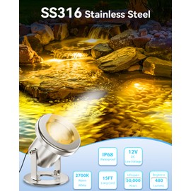 OSREE 6W LED Pond Light, 2700K SS316 Stainless Steel Underwater Fountain Light with 15FT Cord, IP68 Waterproof Pond Lights LED Underwater for Outdoor Pond Waterfall Fountain Water Feature (2 Pack)