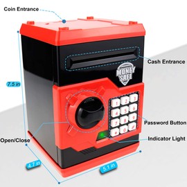 Qwifyu Kids Piggy Bank, Money Bank with Electronic Lock Auto Scroll Paper Money & Coin, Best Toy Gifts for Children Boys Girls (Black Red)