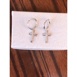 Beautifuljewelrynyc 925 Sterling Silver Cz Double Cross Dangle Huggie Hoop Earrings 29mm/ 13.5mm