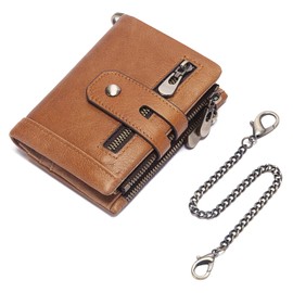 HUMERPAUL Mens Wallet with Chain RFID Blocking Men's Genuine Leather Wallet Bifold Wallet with Credit Card Holder and Zipper Coin Pocket Purse, Brown