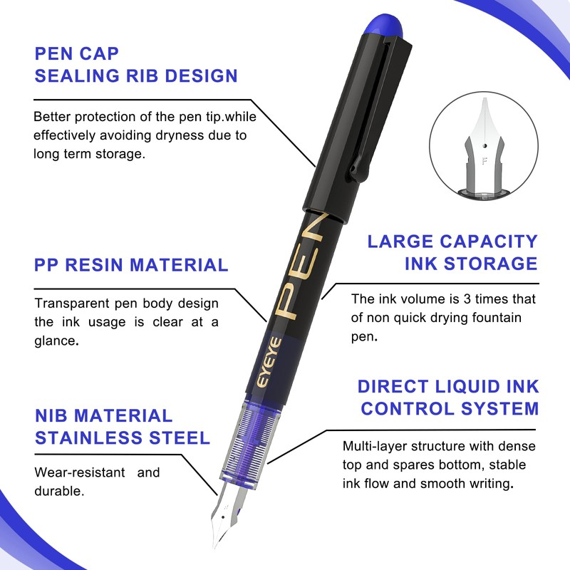 EYEYE Fountain Pens for Writing, 8 Pack Blue Fine Point