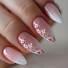 TBRZTR Almond Tip Pink Gradient Press on Nails Medium Length Flower Pattern Design Full Cover Glossy Acrylic False Nail Reusable Blossom Artificial Fingernails Glue on Nails for Women 24Pcs