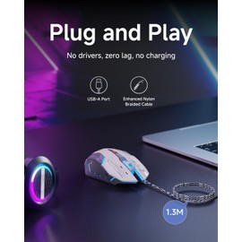 EWEADN G10 Wired Gaming Mouse, Computer Mouse with RGB Backlit, 3200 DPI Adjustable, Quiet Clicks, Ergonomic Mouses with 6 Buttons and 4.2FT Cord, USB Wired Mouse for PC/Win/Laptop, Gray-White