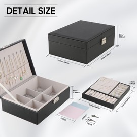 TEIVUL Jewellery Box, Women's 2-Layer Jewellery Storage, PU Leather Jewellery Box with Lock, Suitable for Necklaces, Rings, Earrings, Bracelets, Jewellery Organiser for Women and Girls (Black)