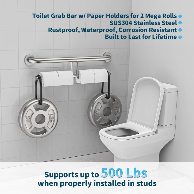 24 Inch Grab Bar w/Double Toilet Paper Roll Holder Brushed