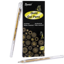 Dyvicl Metallic Gold Gel Pens, 0.8 mm Fine Pens Gel Ink Metallic Gold Pens for Black Paper Drawing, Sketching, Illustration, Adult Coloring, Journaling, Set of 6