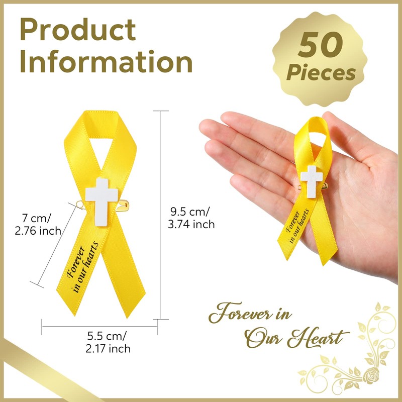 50 Pcs Memorial Funeral Ribbon with Cross Pins, Yellow