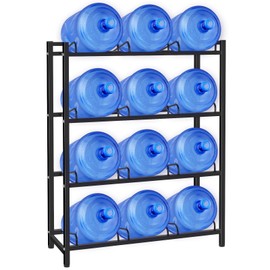 5 Gallon Water Jug Holder for 12 Bottles Without Wobbling, New Upgraded Heavy Duty 4 Tier Thicken Water Bottle Storage Rack for Home, Office, Kitchen, Warehouse, Garages Black
