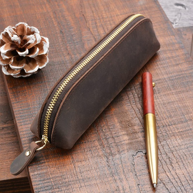 Genuine Leather Pencil Case Unique Design Zipper Pouch for School