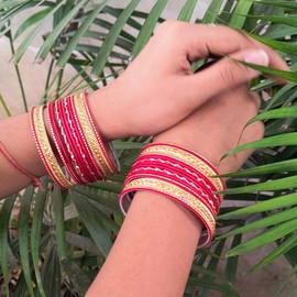 Touchstone 2 Dozen Bracelet Collection Alloy Metal Grained Special bracelets red hot designer jewellery for women, set of two., Oxidised Gold, red