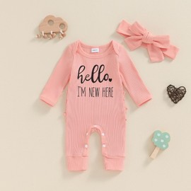 BULINGNA Newborn Baby Girl Coming Home Outfit Hello I'm New Here Ribbed Footie Romper Jumpsuit with Headband Fall Clothes (Pink, Newborn)
