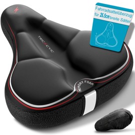 TECHCYC Bicycle Saddle Cover, Double Layer Memory Foam Bicycle Seat Padding, Ergonomic Design, Unisex Wide Saddle Cover with Reflective Strips, Suitable for Exercise Bikes, City Bike (26 x 25 cm)