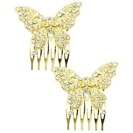 Head Jewelry~ Crystal Stone Butterfly Hair Comb Set of 2 (MMH71382GDCLR)
