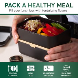 Umami Bento Box Adult All-In-1 w/4 Utensils, 2 Sauce Jars 2 Dividers, Bamboo Lid, 100% Leakproof, Microwave & Dishwasher Safe Stackable Bento Lunch Box Containers for Men/Women, Black Beige, 68 oz