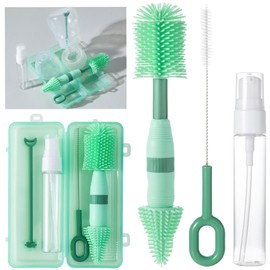 4-in-1 Portable Baby Bottle Brush, Travel Bottle Cleaner Kit with Silicone Bottle Brush, Nipple Brush, Straw Brush, Drying Rack, Dispenser, Organizer, Baby Travel Essential, Gifts for New Mom - Green