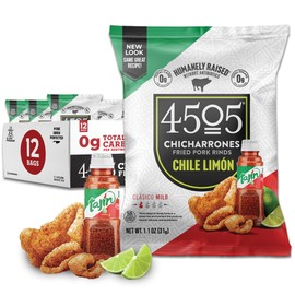 4505 Tajin Seasoned Chicharrones, Fried Pork Rinds - Chile Limon Mild Flavored Pork Skins - Low Carb, Gluten-Free, Protein Snack - 1.1oz (Pack of 12)