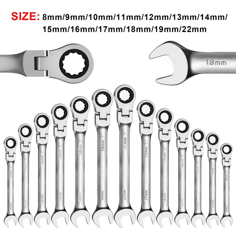 WISEUP Combination Wrenches, 17mm Flexible Ratchet Spanner, CR-V Forged Spanner,