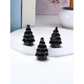 CrystalTears Black Obsidian Healing Crystal Tree Carved Mini Christmas Gemstone Crystal Tree Statue Natural Good Luck Healing Stone Holiday Figurine for Home Office Desk Decor Christmas 1.5”