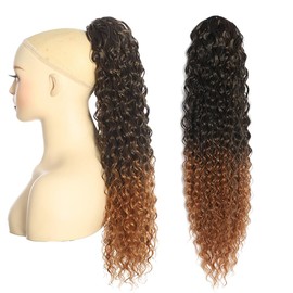 BALINGHAIR Deep Wave Ponytail Extension for Women 12 Inch Black to Brown Curly Wavy Ponytail Hair Extensions Drawstring with Clips Short Synthetic Hairpiece for Daily and Party