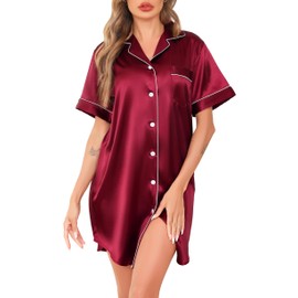 Vlazom Women's Satin Nightshirt Button Down Silk Nightdress Short Sleeve Nighties Boyfriend Sleepshirt Notch Collar Sleepwear Purplish Red,S
