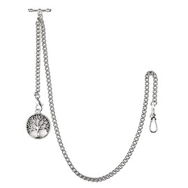 SIBOSUN Pocket Watch With Albert T-Bar Chain & Lobster Clasps - Vest Chain for Men With Antique Life Tree Pendant Charm Fob - Silver