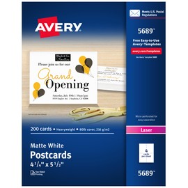 Avery Printable Postcards, 4.25" x 5.5", White, 200 Blank Postcards for Laser Printers (5689)