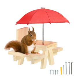 PATIKIL Squirrel Feeder Picnic Table with Red Umbrella 7x8x11inch, Wooden Squirrel Feeders for Outside with Solid Structure for Outdoors Backyard Porch Decoration, Red
