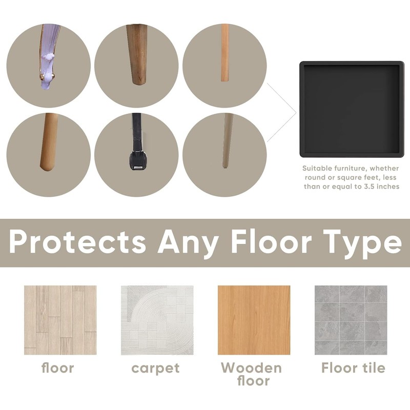 Sunbilien 4 Pieces 3.5"x3.5" Square Rubber Furniture Caster Cups, Anti-Sliding